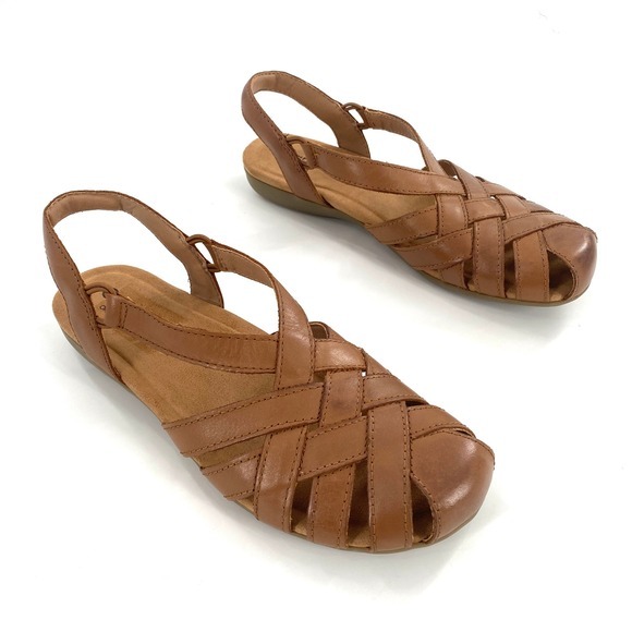 Earth Origins Shoes - Earth Origins Berri Sandal Womens 10N Leather Brown Woven Slingback Comfort Shoe